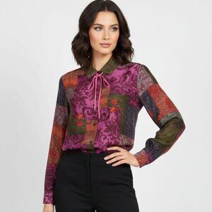 Rare Vintage Coldwater Creek Silk Blouse Patchwork Boho Art to Wear Tie Neck M